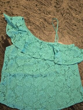 mine Aqua Lace One-Shoulder Ruffle Camisole